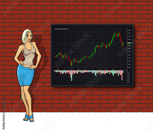Cartoon girl on Business chart display, uptrend line graph, Woman bar chart stock numbers in bull market with arrow up and down. Evaluation investment risks banner. Girl financial markets background
