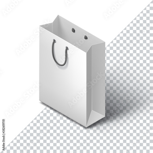 Realistic template with white shopping bag on isolated transparent background. 3D isometric icons. Vector illustration for Black Friday sale banner, discount flyer, poster, ad.