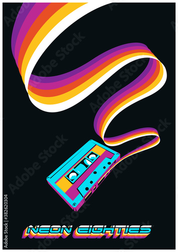 1980s Audio Cassette, Rainbow Tape, Neon Eighties Creative Poster, Banner Template