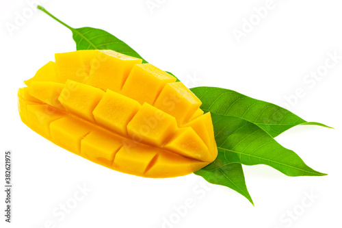 mango with leaves isolated on white background.