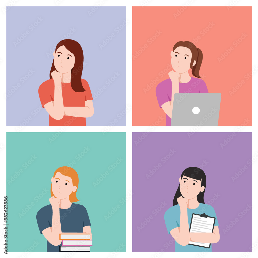 Set of unhappy woman thinking with laptop, book and document Set of unhappy woman thinking with laptop, book and document