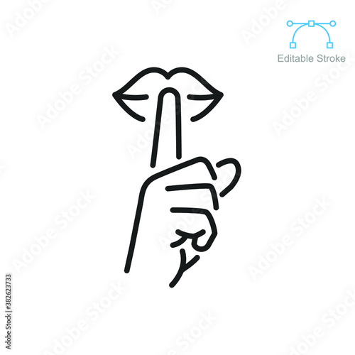 Please do quite pssst icon. Woman lips with finger showing silence sign. Do not disturb can be used for library infographic symbol. Editable vector illustration. Design on white background EPS 10 photo