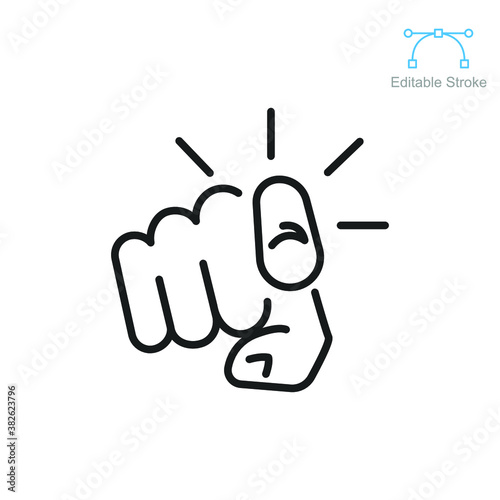 Finger pointing icon. Hand gesture of index finger pointer at viewer. Gesturing towards you. Line pictogram  silhouette symbol. Editable stroke vector illustration. Design on white background. EPS 10