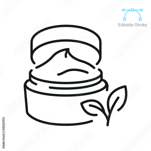Natural organic cosmetic icon. Open jar of nature product ingredients  skin care or vegan food skin with green leaf label. Editable stroke vector illustration. Design on white background. EPS 10