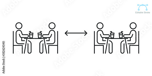 Two group people drinking coffee in cafe, safe table icon. New normal dine in concept. keep social distance as prevention spread of corona virus or Covid19. Editable stroke vector illustration EPS 10
