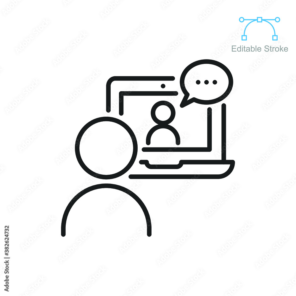 Video meeting icon. remote working Virtual discussion with people on computer screen. Digital conference seminar. Webinar symbol. Editable stroke vector illustration on white background. EPS 10 Video meeting icon. remote working Virtual discussion with people on computer screen. Digital conference seminar. Webinar symbol. Editable stroke vector illustration on white background. EPS 10