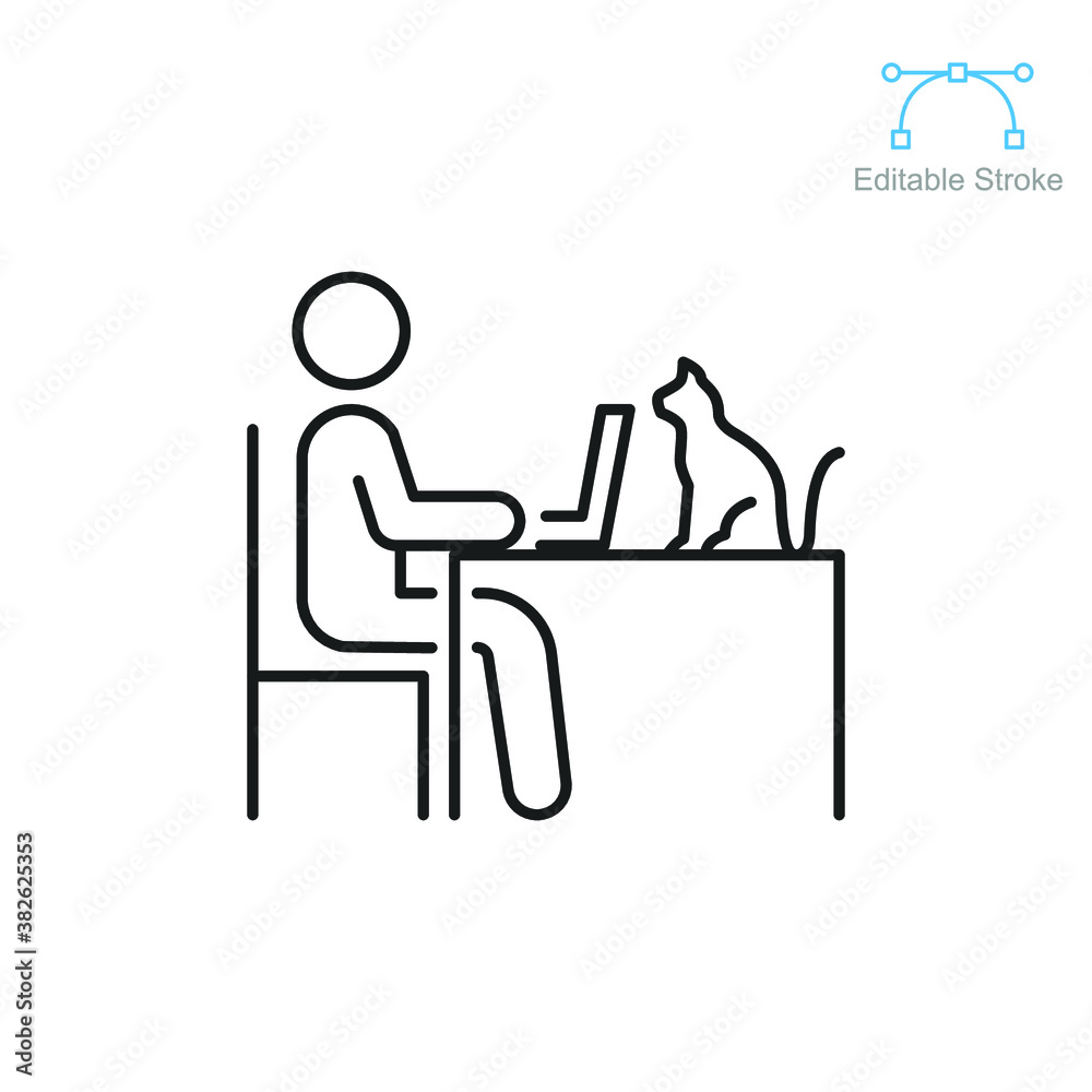 Human figure work on laptop with cat on table icon. Designer graphic lifestyle. Freelance working from home office. line pictogram editable stroke vector illustration Design on white background EPS10
