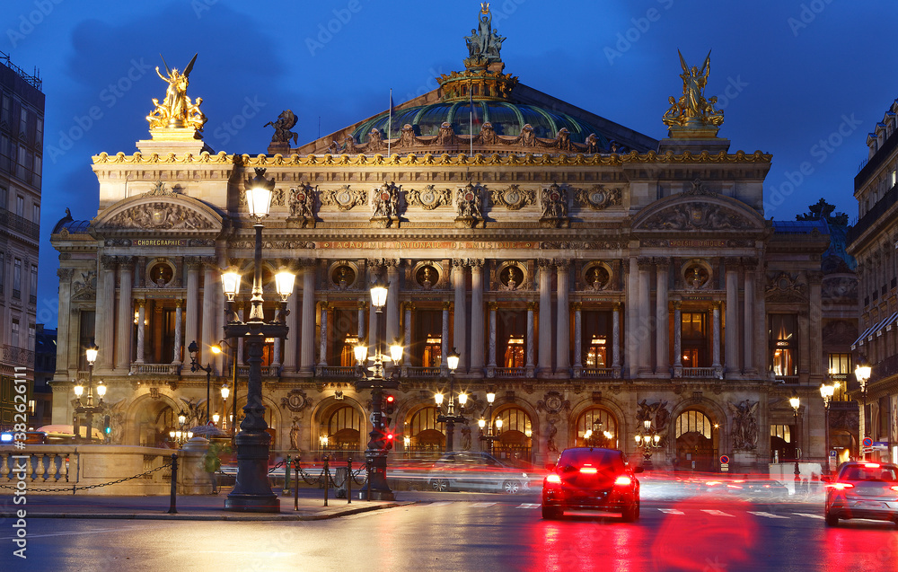 Fototapeta premium Night front view of the Opera National de Paris. France.