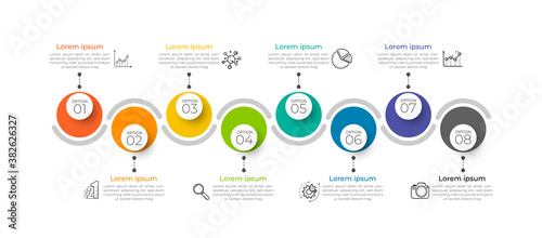 Minimal infographic Timeline template can be used for workflow layout, diagram, number options, web design. Infographic business concept with 8 option, parts, steps or processes. Abstract background.	