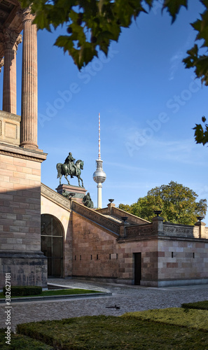 Neues Museum with the famous TV tower in the background on the Museum Island in Berlin, Germany