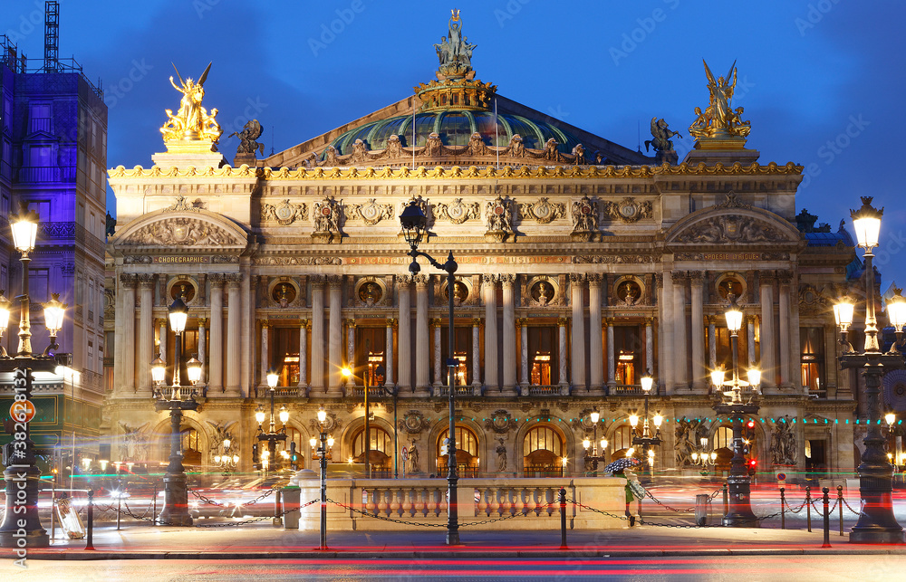 Night front view of the Opera National de Paris. France.