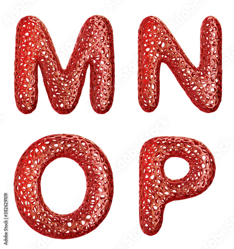 Realistic 3D letters set M, N, O, P made of red plastic.