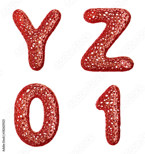 Realistic 3D letters set Y, Z, 0, 1 made of red plastic.