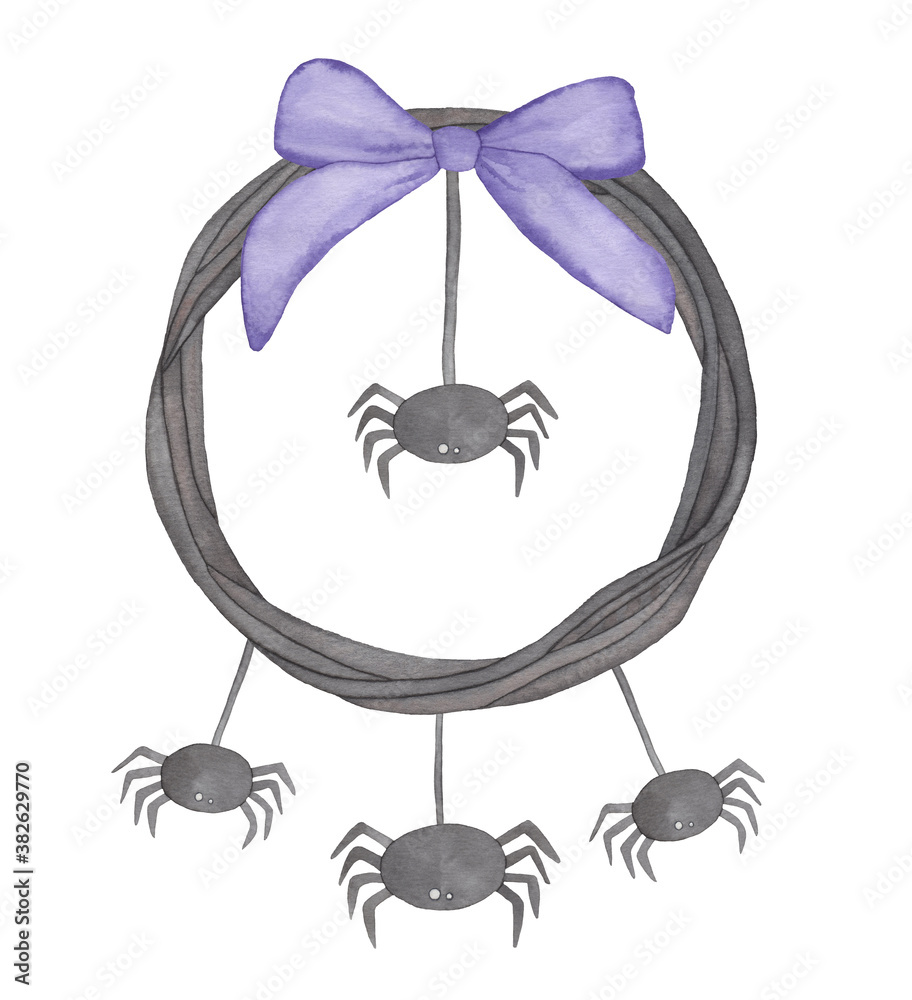 Watercolor Halloween Wreath with spiders, violet bow and branches