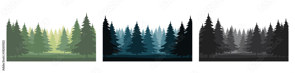 Obraz premium Set of forest landscapes with silhouettes of coniferous trees. Horizontal backgrounds of nature. Vector illustration 