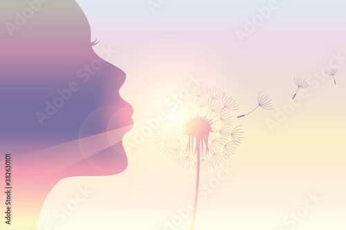 girl blows dandelion silhouette on sunny sky vector illustration EPS10