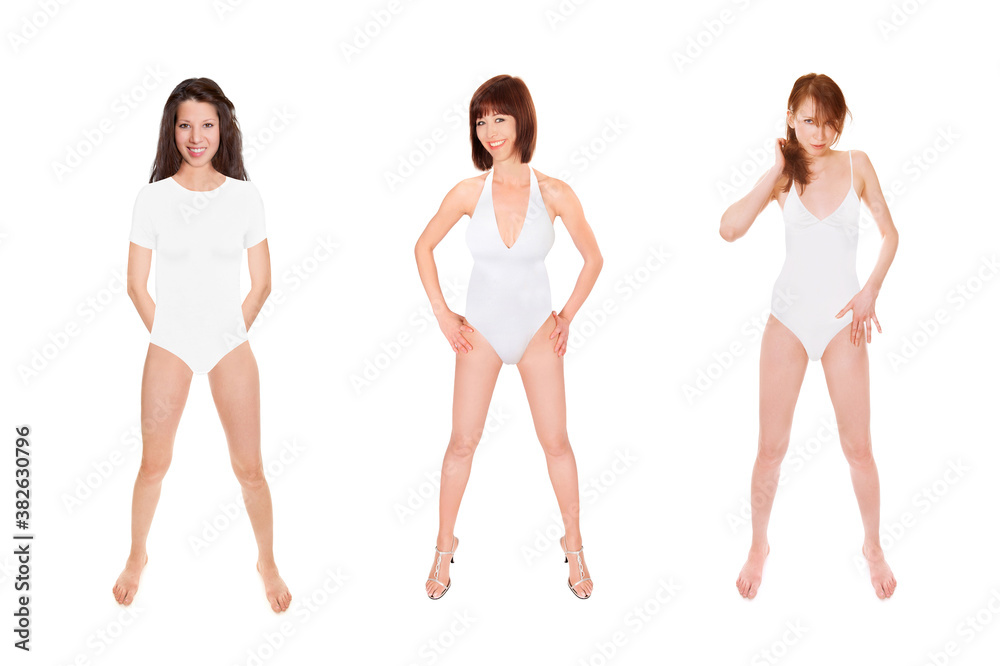 Full length portraits of three beautiful athletic women wearing white swimwear, isolated in front of studio background Full length portraits of three beautiful athletic women wearing white swimwear, isolated in front of studio background
