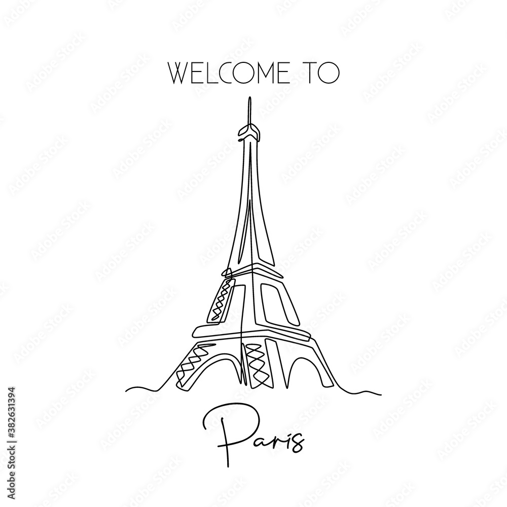 Single one line drawing of Eiffel Tower landmark wall decor poster. Iconic place in Paris, France. Tourism and travel greeting postcard concept. Modern continuous line draw design vector illustration