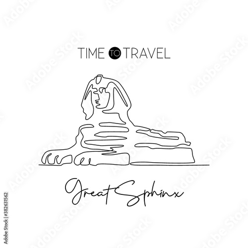 Single continuous line drawing Great Sphinx landmark. Historical iconic pyramid place in Giza, Egypt. World travel home decor wall art poster concept. Modern one line draw design vector illustration