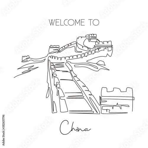 Single continuous line drawing Great Wall of Badaling landmark. Beauty famous place in Beijing, China. World wall decor home art poster print travel concept. One line draw design vector illustration