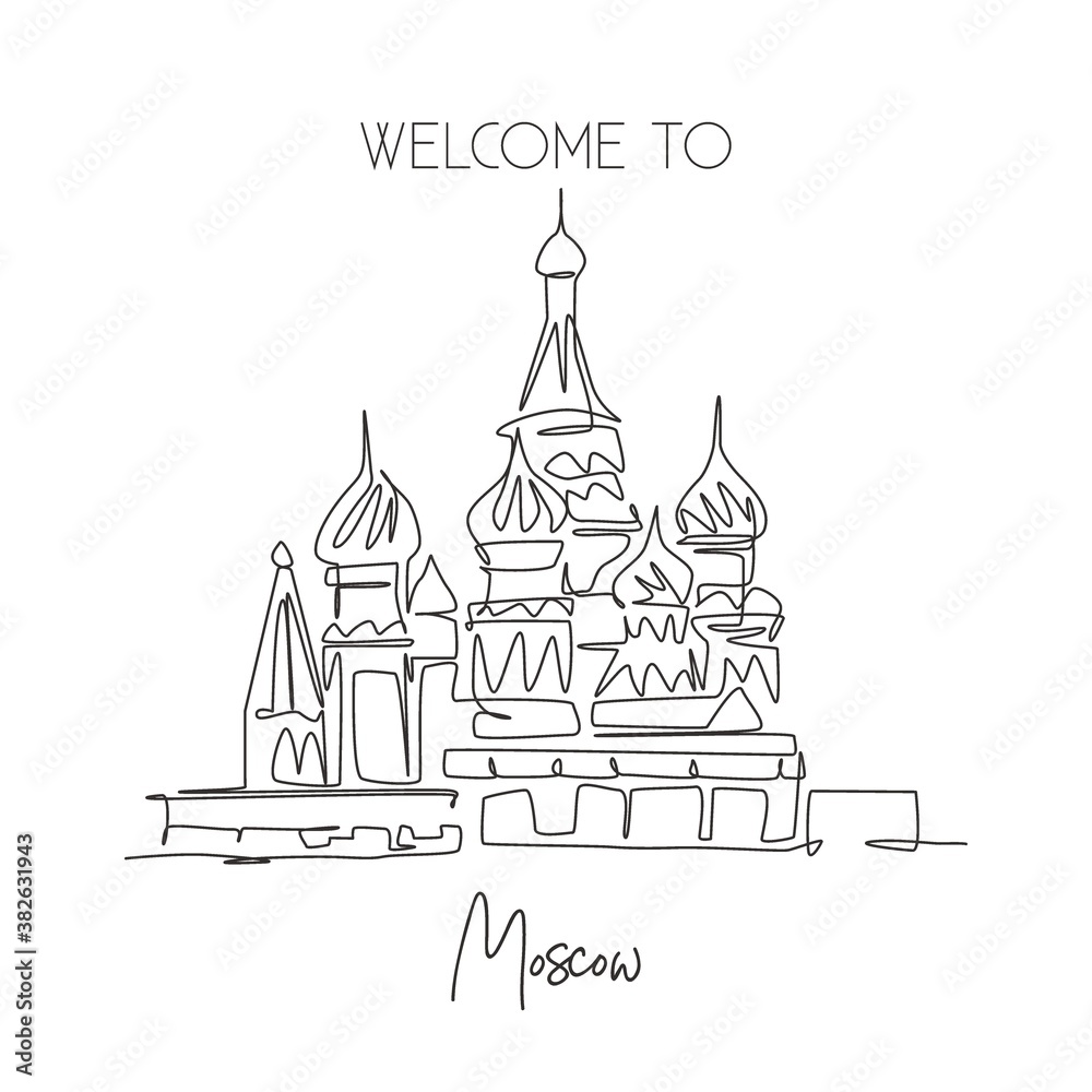 One single line drawing St. Basils landmark. World iconic place in Moscow, Russia. Tourism travel postcard home wall art decor poster concept. Modern continuous line draw design vector illustration
