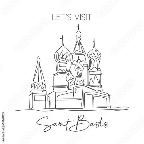 Single continuous line drawing Saint Basil's landmark. Beauty famous place in Moscow, Russia. World travel wall decor home art poster print concept. Modern one line draw design vector illustration