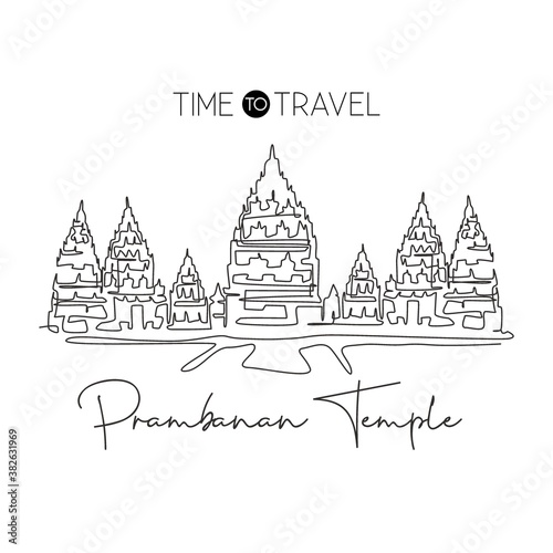 One single line drawing Prambanan Temple landmark. World famous place in Jogja, Indonesia. Tourism travel postcard home wall decor print concept. Modern continuous line draw design vector illustration