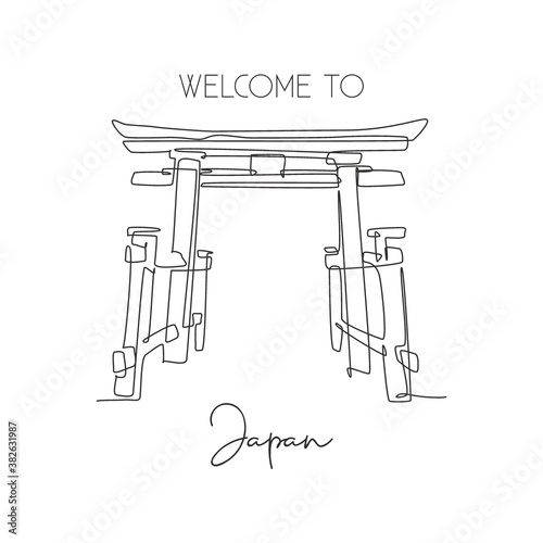 One continuous line drawing Torii Gate landmark greeting. World iconic element in Japanese culture. Holiday vacation wall decor poster print concept. Modern single line draw design vector illustration