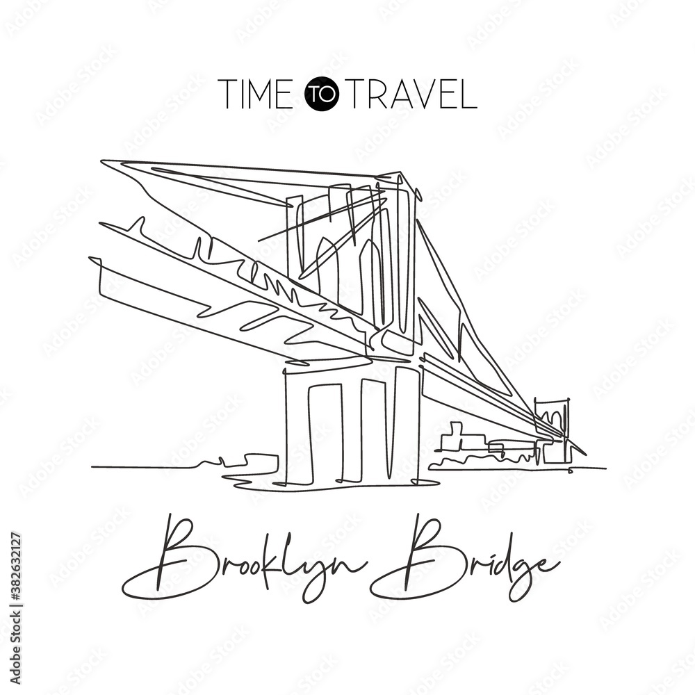 One single line drawing Brooklyn Bridge landmark. World famous place in New York City, USA. Tourism travel postcard wall decor home art poster. Modern continuous line draw design vector illustration