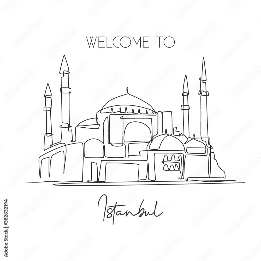 One single line drawing Hagia Sophia or Aya Sofia museum. World famous place in Turkey. Tourism travel wall decor poster print postcard concept. Modern continuous line draw design vector illustration