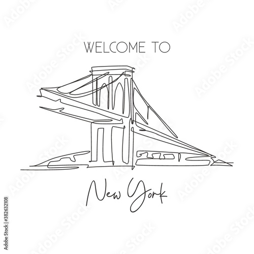 One continuous line drawing Brooklyn Bridge landmark. World beauty iconic place in New York, USA. Home wall decor art poster print concept. Modern single line draw design vector graphic illustration