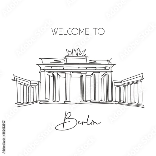 One continuous line drawing Brandenburg Gate landmark. World iconic place in Berlin, Germany. Holiday vacation wall decor art poster print concept. Modern single line draw design vector illustration
