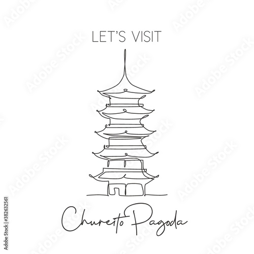Single continuous line drawing Chureito Pagoda landmark. Beautiful famous place in Fujiyoshida, Japan. World travel tour wall decor poster art concept. Modern one line draw design vector illustration