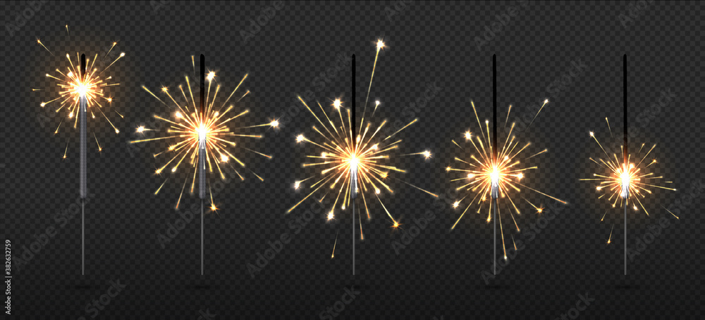 Fototapeta premium Party sparklers. Happy Christmas Bengal firework lights steps poster, realistic festive decorative elements banner detailed holiday fire on transparent background for fun events vector 3D isolated set