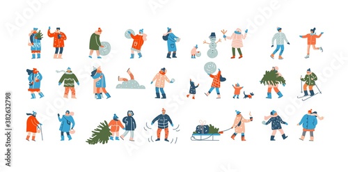 Winter people. Group of cartoon characters dressed in winter clothes with scarves and hats, doing outdoor Christmas activities. Families make snowman, carry Xmas trees. Vector flat isolated set