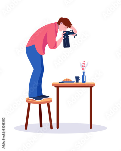 Professional photographers. Woman standing on chair taking pictures of served table. Female photos meal for portfolio, magazine. Photography for restaurant menu, hobby or food blog vector concept