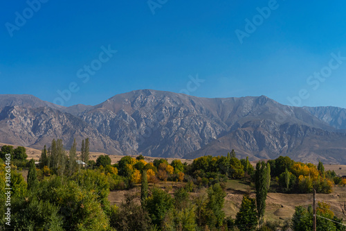 The landscape of the foothills of Kazakhstan. Mountains in the background. Blue sky. Foothill vegetation. Green grass and trees. Mountain panorama