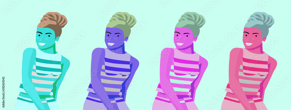 set of beautiful young women cartoon icon design template with various models. vector illustration isolated on blue background set of beautiful young women cartoon icon design template with various models. vector illustration isolated on blue background