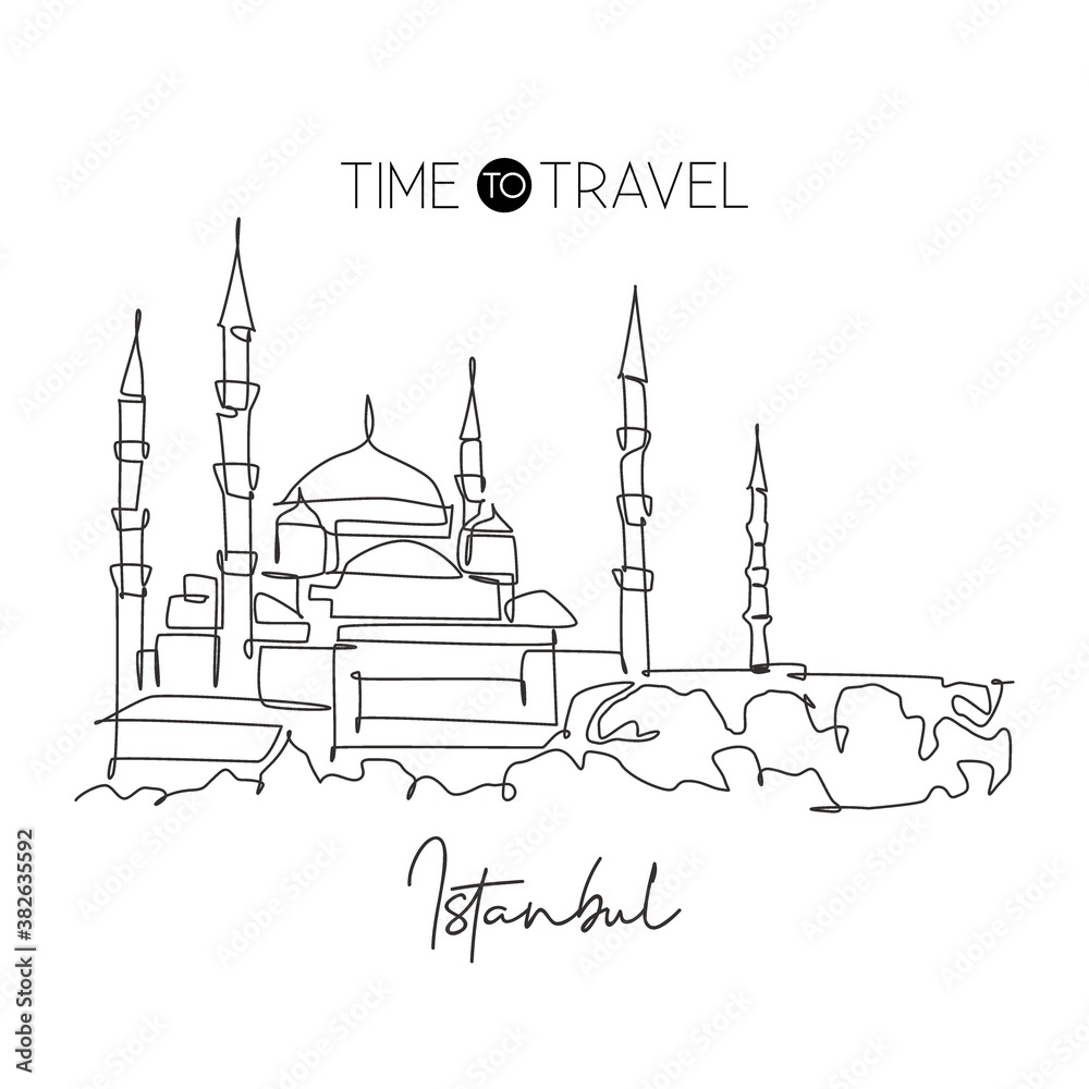 Single continuous line drawing Blue Mosque landmark. Beautiful famous place in Istanbul, Turkey. World travel home art wall decor poster print concept. Modern one line draw design vector illustration