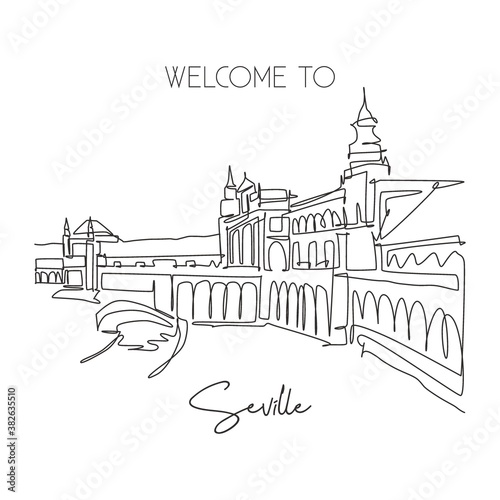 One continuous line drawing Plaza de Espana landmark. World iconic place in Sevilla Spain. Holiday vacation home wall decor art poster print concept. Modern single line draw design vector illustration