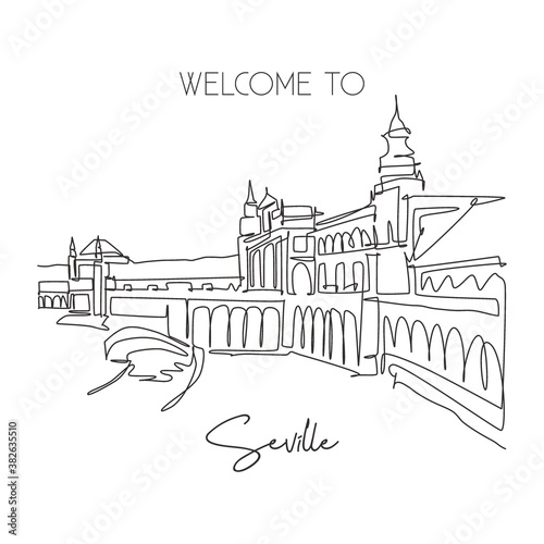One continuous line drawing Plaza de Espana landmark. World iconic place in Sevilla Spain. Holiday vacation home wall decor art poster print concept. Modern single line draw design vector illustration