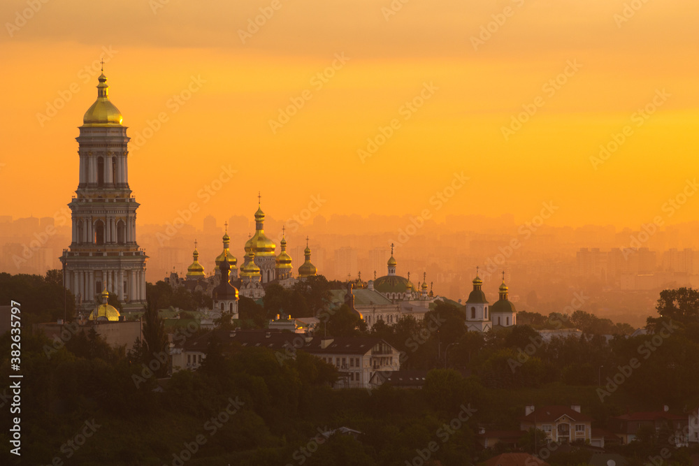 Golden dawn at Kiev/Kyiv. View of the Kiev Pechersk Lavra and the left bank
