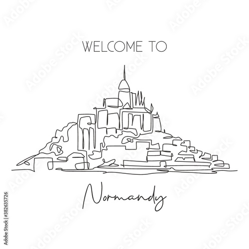 Single continuous line drawing Le Mont Saint Michel landmark. Beautiful famous place in Normandy, France. World travel tour home wall decor art concept. Modern one line draw design vector illustration