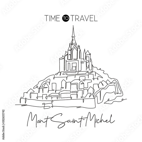 One continuous line drawing Le Mont Saint Michel landmark. World iconic place in Normandy, France. Holiday vacation wall decor poster print concept. Modern single line draw design vector illustration