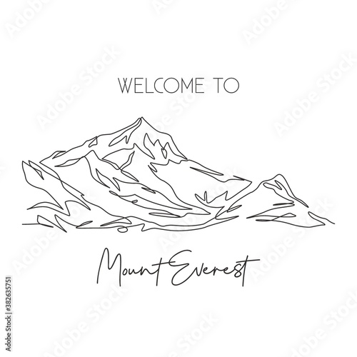 One single line drawing Himalaya Mount Everest landmark. World famous place in Nepal. Tourism travel postcard home wall decor poster art concept. Modern continuous line draw design vector illustration