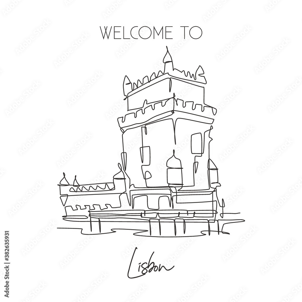 Single continuous line drawing Belem Tower landmark. Famous place in Lisbon, Portugal. World travel home wall decor art poster print campaign concept. Dynamic one line draw design vector illustration