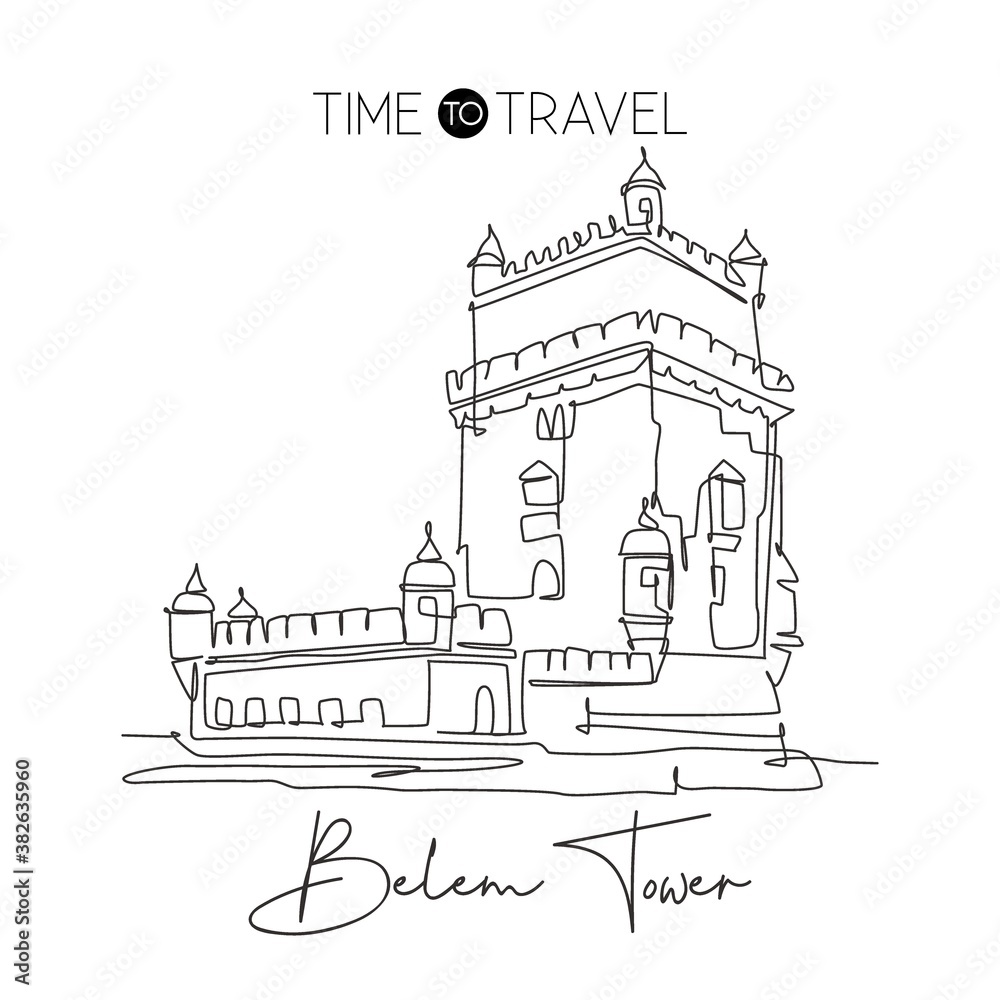 One single line drawing Belem Tower landmark. World famous iconic place in Lisbon, Portugal. Tourism travel postcard home wall decor art concept. Modern continuous line draw design vector illustration