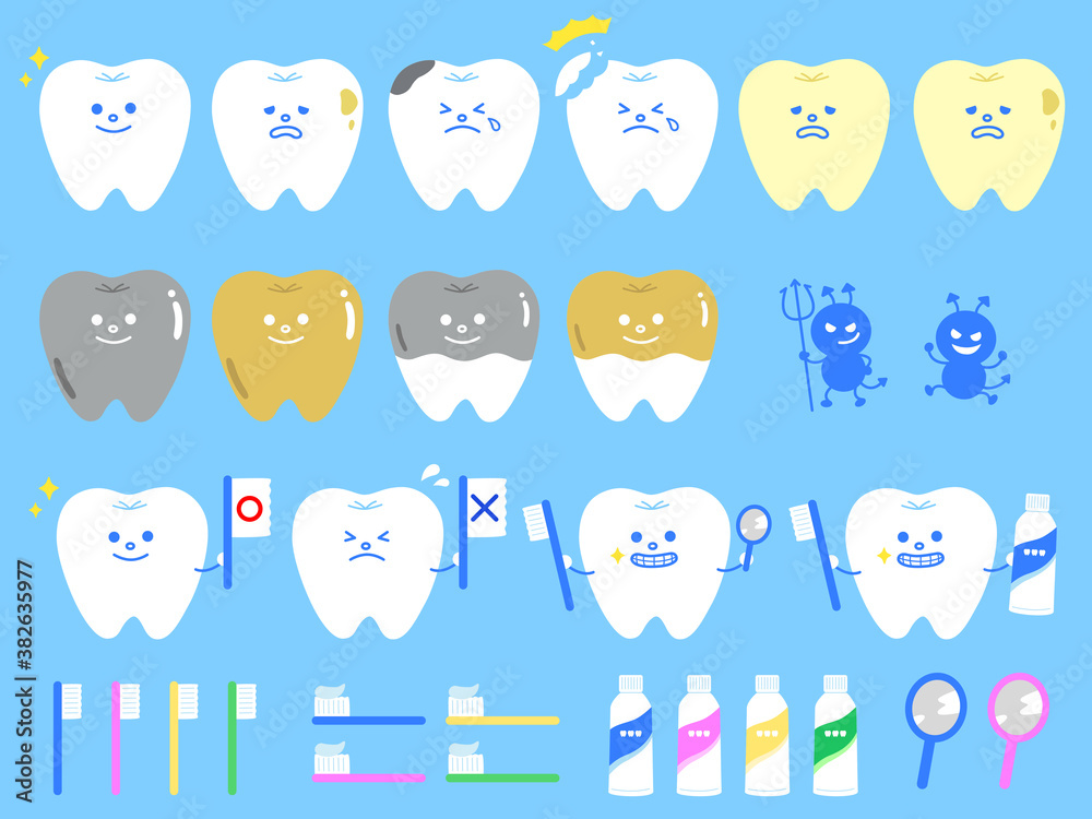 かわいい歯のセット　シンプル　虫歯　歯医者