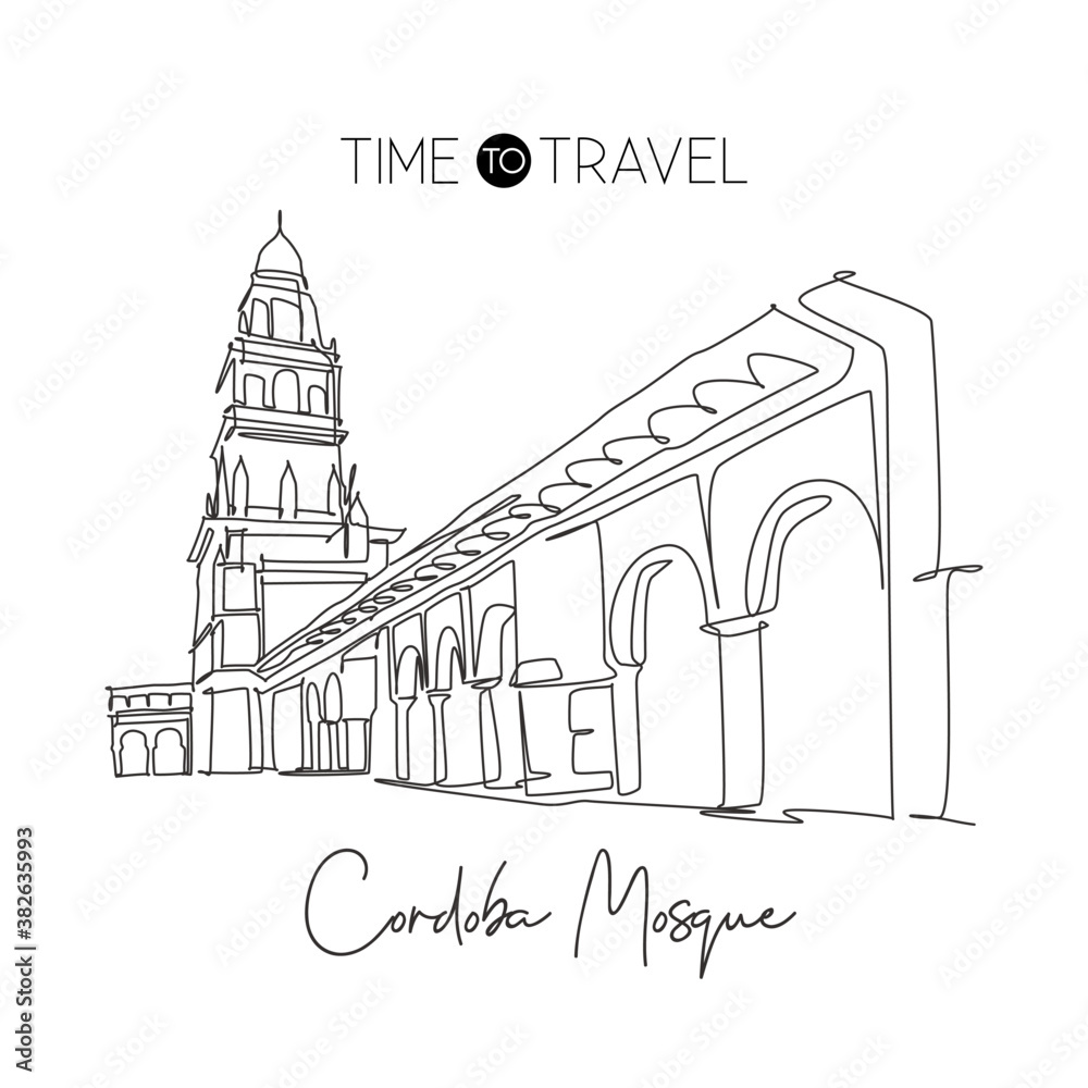 Single continuous line drawing Great Mosque of Cordoba landmark. Famous place in Andalusia, Spain. World travel campaign wall decor print art concept. Dynamic one line draw design vector illustration