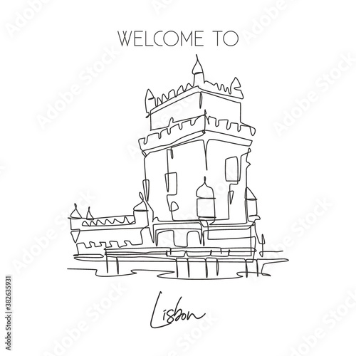 Single continuous line drawing Belem Tower landmark. Famous place in Lisbon, Portugal. World travel home wall decor art poster print campaign concept. Dynamic one line draw design vector illustration